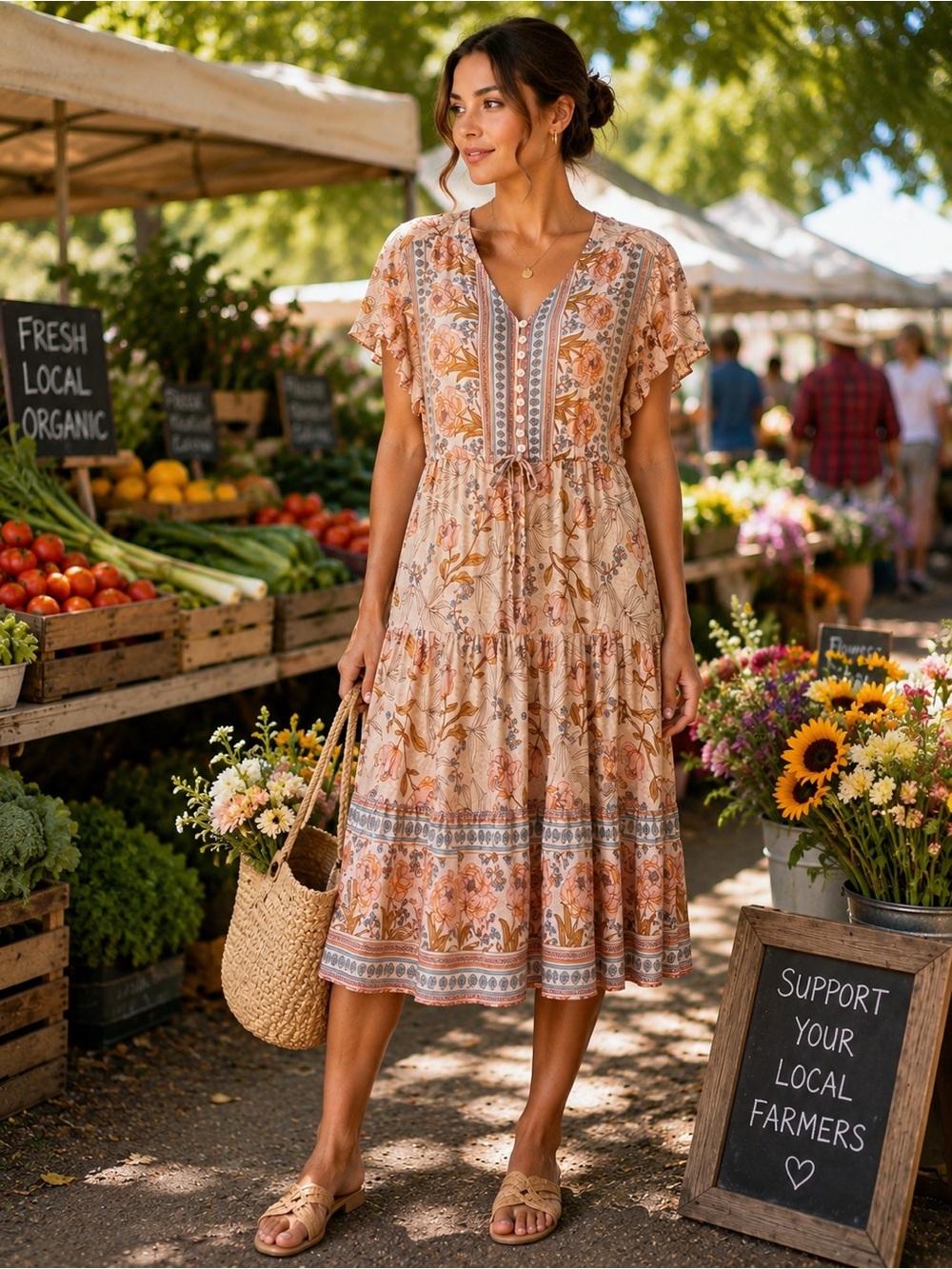 Papillon Blanc Peach Floral Button-Front Midi Dress